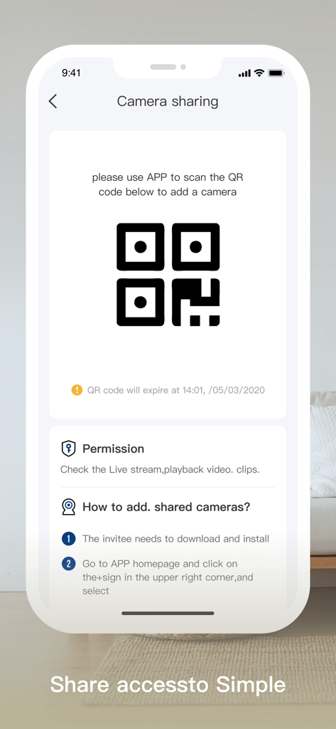 A screenshot of the EOOEIES mobile app showing the camera sharing interface with a QR code and setup instructions for inviting other users to view the security feed.