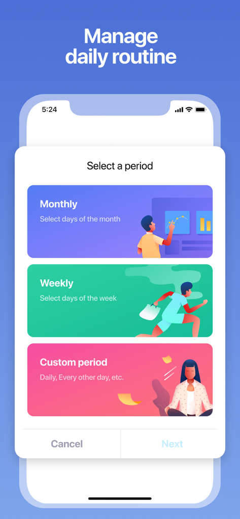 Tappsk app interface for selecting monthly weekly or custom routine tracking periods