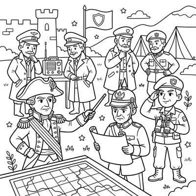 Step into history with this engaging coloring page featuring famous military strategists and commanders. Kids aged 4-8 will love bringing these brave leaders to life with their favorite colors.