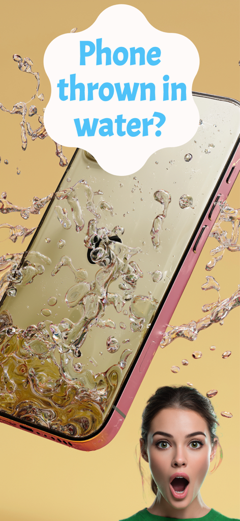 Get Water Out Of Phone: WaveAI - Smartphone splash screen asking Phone thrown in water with an image of a wet device and a surprised woman
