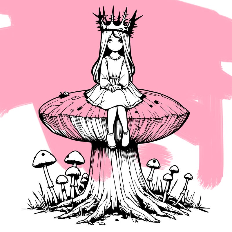 realistic girl sitting on a huge tree stump size toadstool with thorn crown