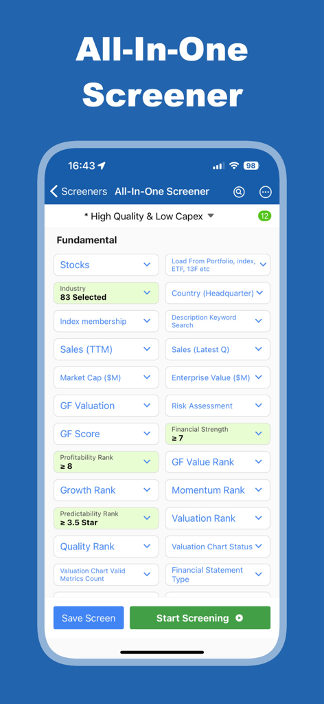 GuruFocus - Interface do aplicativo GuruFocus mostrando o All-In-One Screener com vários filtros de análise fundamental para ações.