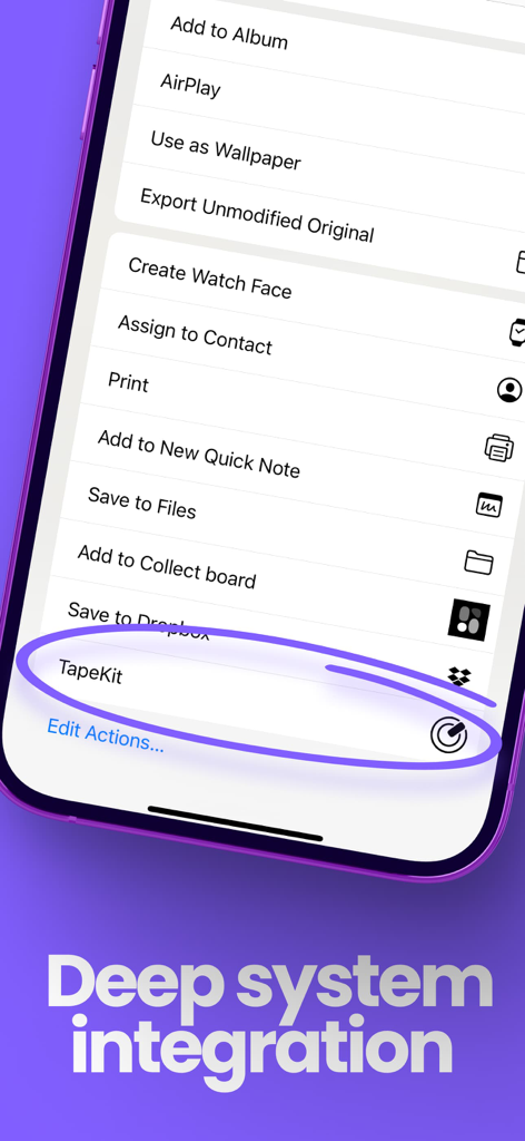 TapeKit・Lab of Top Widgets・GIF - Integração do aplicativo TapeKit no menu de ação do sistema iOS