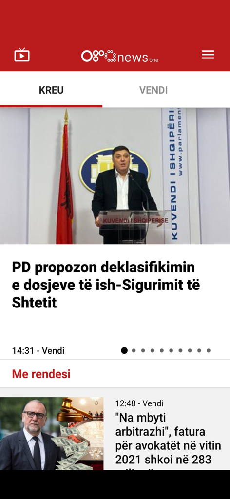 Ora News One - Home screen of Ora News One app with news headlines in Albanian language