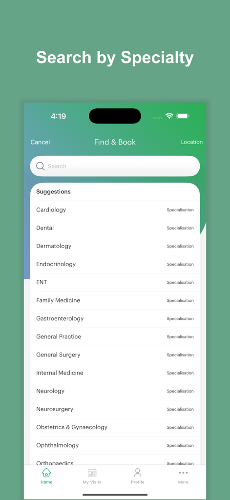 HealthHub app interface showing a list of medical specialties for searching and booking appointments