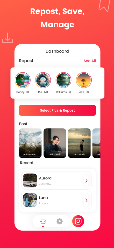 Dashboard of the InstantSave app for reposting Instagram stories and reels