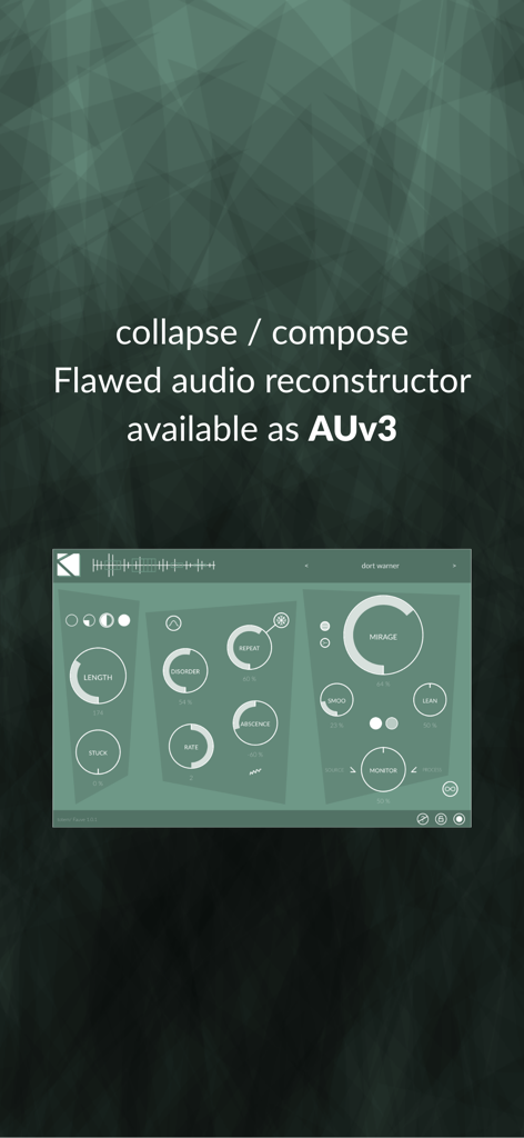 Fauve : flawed reconstructor - Fauve audio reconstructor app interface showing glitch and sound design controls like disorder and mirage