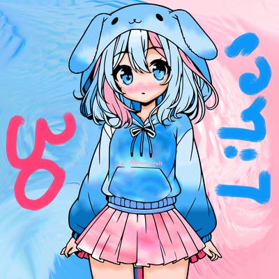pretty anime girl wearing a fluffy hoodie with bunny ears on the hood and a skirt