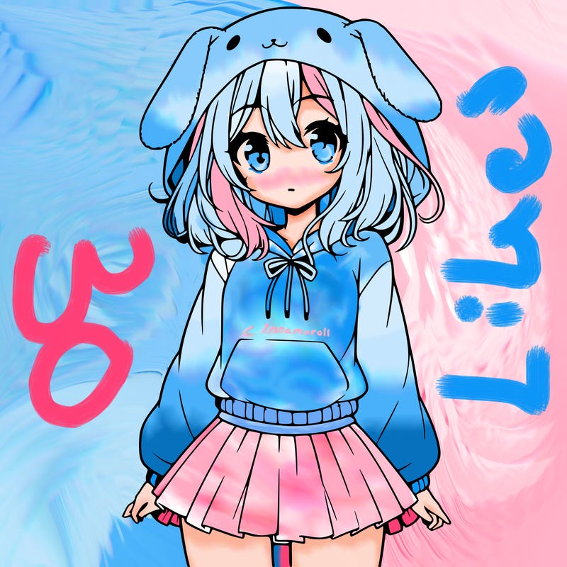 pretty anime girl wearing a fluffy hoodie with bunny ears on the hood and a skirt
