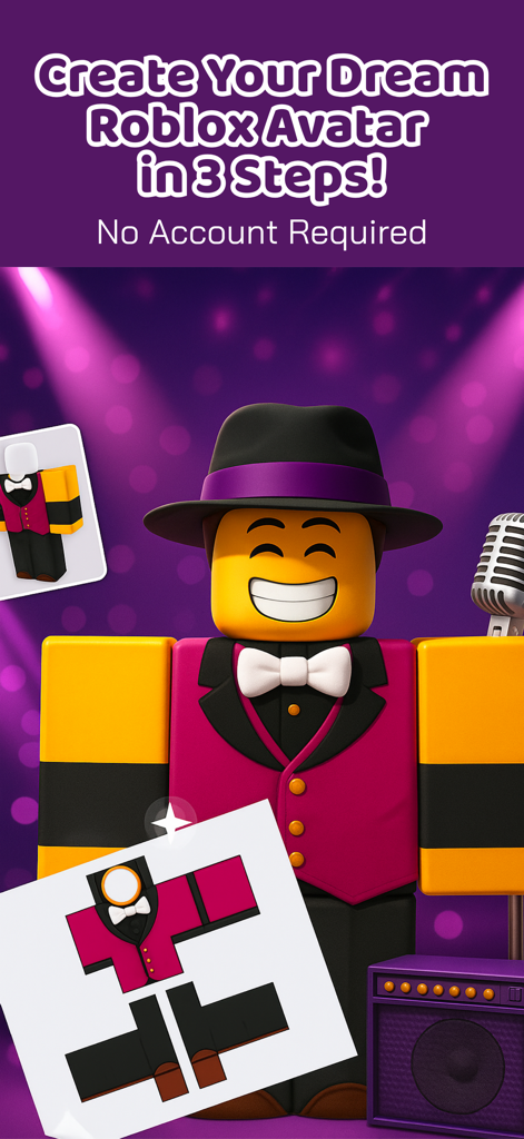 SkinBlox-Skin Maker for Roblox - SkinBlox app showing a custom Roblox avatar in a suit with a three step creation guide