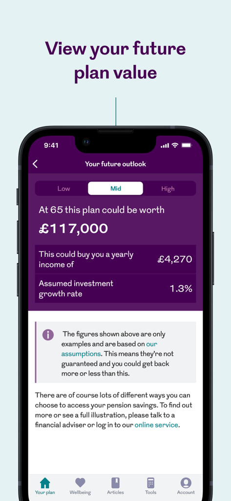 Royal London - Royal London mobile app showing a retirement savings projection with estimated future value and yearly income.