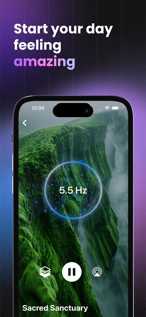 ZenWave · Sounds & BrainWaves - ZenWave meditation app interface showing a nature soundscape and brainwave frequency settings