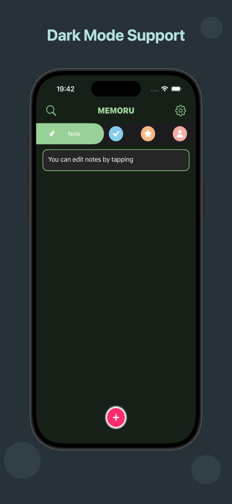 MEMORU / Simple Note App - Interfaz de la app MEMORU mostrando soporte para modo oscuro para tomar notas simples