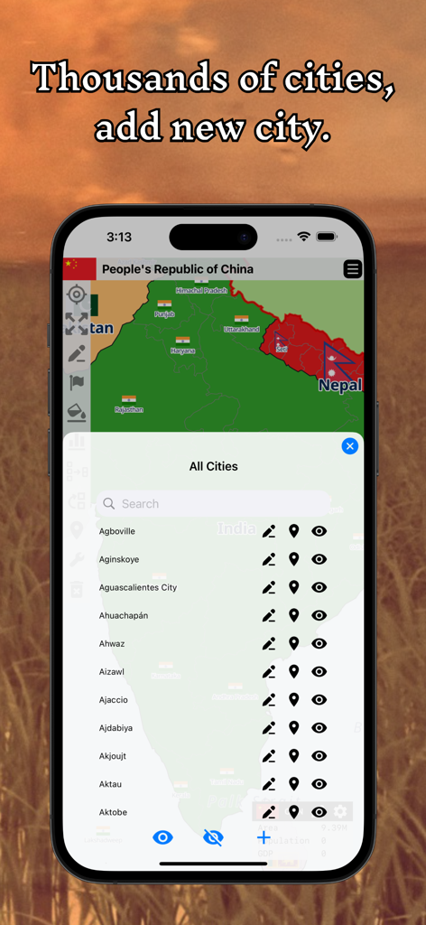 A+ World Map Editor Sandbox - Smartphone screen showing a city list and search interface over a world map editor sandbox