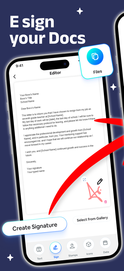 E signature app: Fill and Sign - Interfaz de usuario de la aplicación eSignEasy que muestra un documento siendo firmado con una firma digital en un smartphone