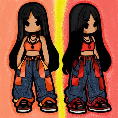 girl in baggy pants crop top and long hair