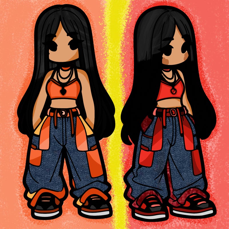 girl in baggy pants crop top and long hair