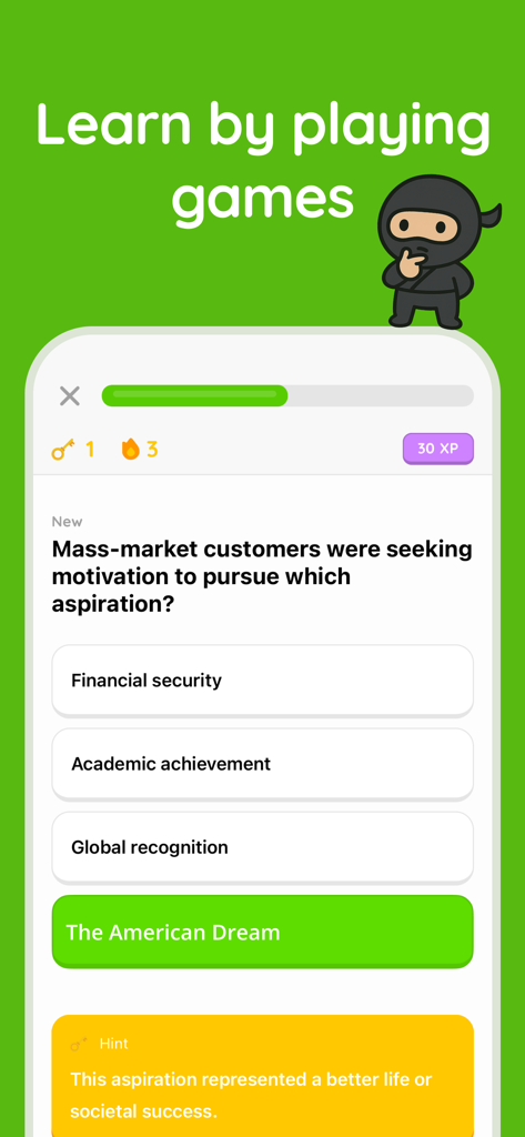 SnapTest: AI Quiz & Study - SnapTest app interface displaying a gamified multiple choice quiz question with a ninja mascot