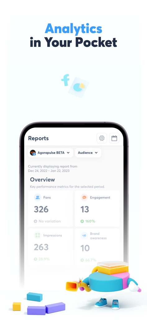 Panel de Agorapulse Companion App mostrando informes de rendimiento de redes sociales y métricas como interacciones e impresiones.