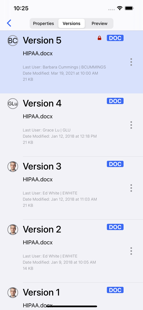 iManage Work 10 For Intune - Interface of iManage Work 10 For Intune showing version history of a HIPAA document