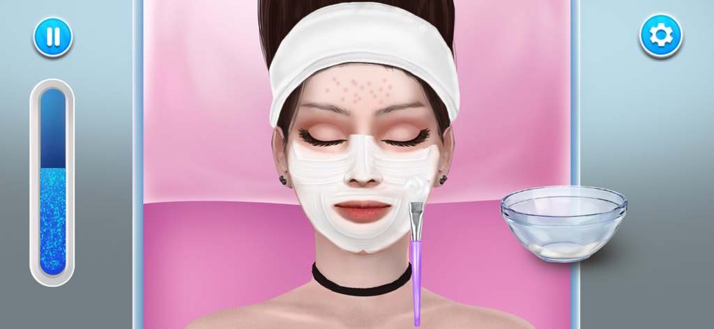 ASMR Hospital : Doctor Games - A female character receiving a facial skincare treatment with a white mask in the ASMR Hospital game.