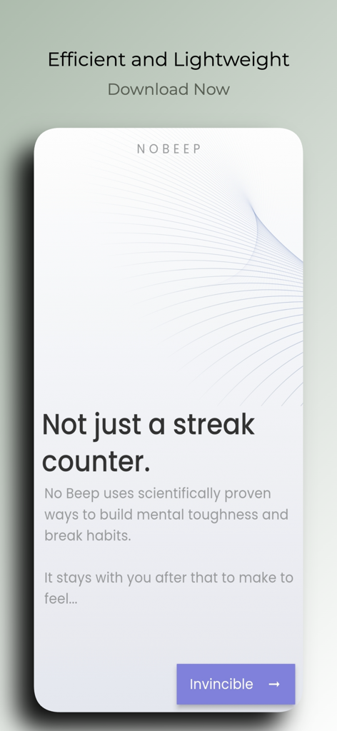 Una pantalla promocional para la aplicación NoBeep centrada en la fortaleza mental y las características para romper hábitos