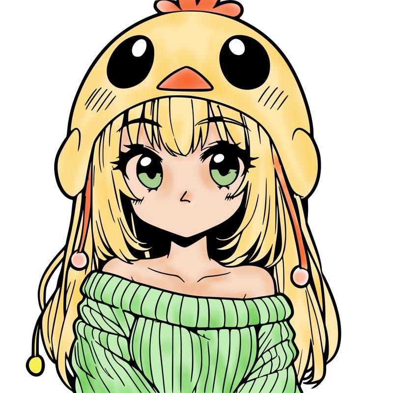 anime girl with chick shaped hat with sweater with bare shoulders with bangs covering them one eye with low tail