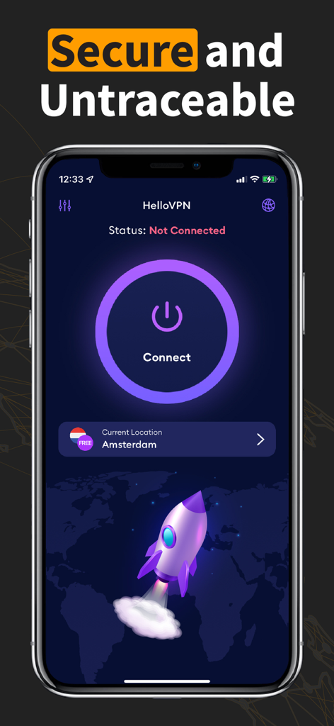 HelloVPN app interface on iPhone with a Connect button and a rocket illustration over a world map