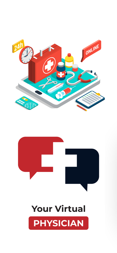 Pharma AI - ChatBot - Isometric medical illustration on a tablet and speech bubbles forming a medical cross with the text Your Virtual Physician.