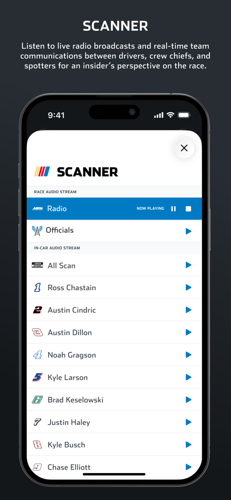 NASCAR MOBILEアプリのインターフェイス。ライブレースとドライバーのオーディオストリームが表示されたスキャナー機能。
