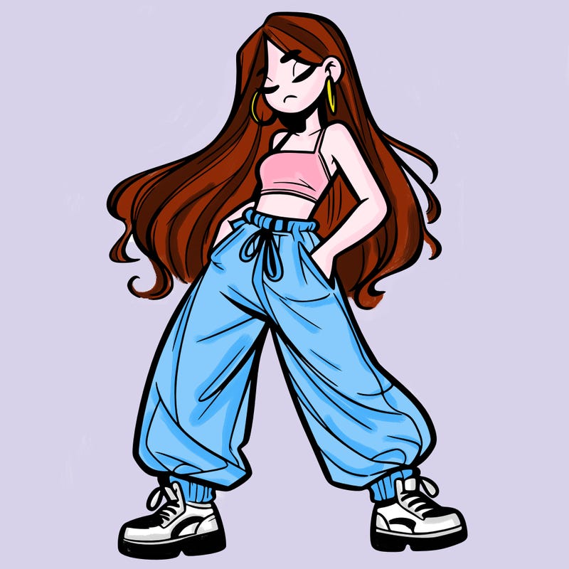 girl in baggy pants crop top and long hair
