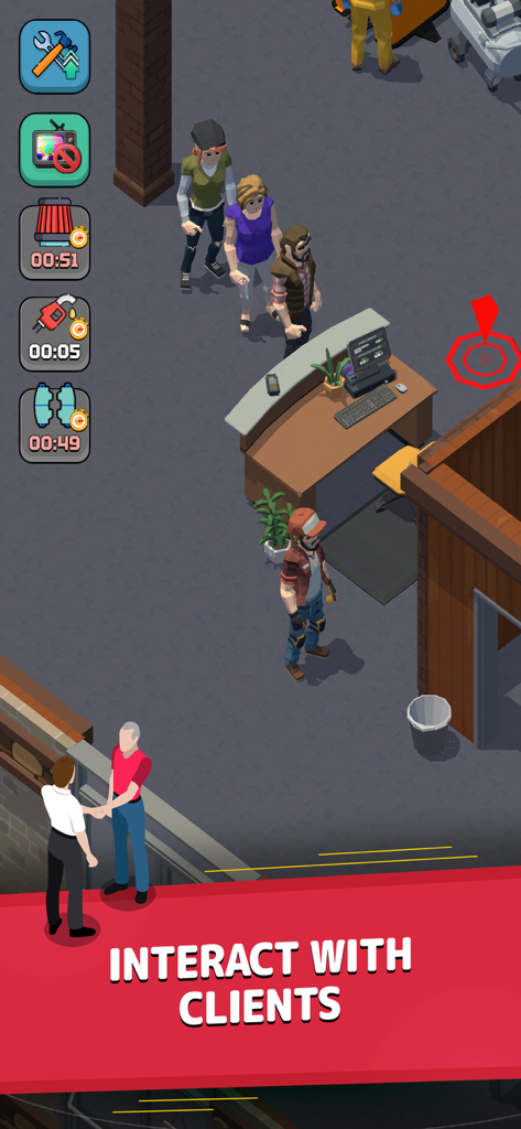 Mechanic Simulator - 고객들이 정비공과 상호 작용하기 위해 줄을 서서 기다리는 자동차 수리점 접수처의 등각 보기