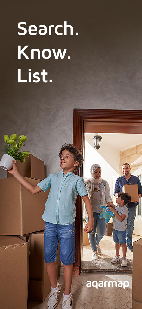 Aqarmap Egypt - A family moving into a new home with boxes, featuring the text Search Know List and the Aqarmap logo.