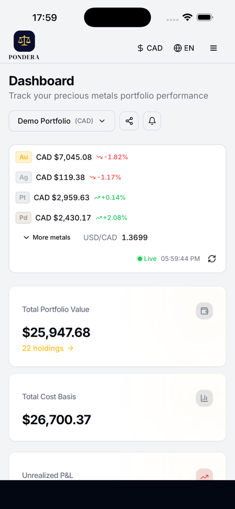 Pondera: Gold Tracker - Dashboard of Pondera Gold Tracker showing precious metals portfolio value and real time market performance