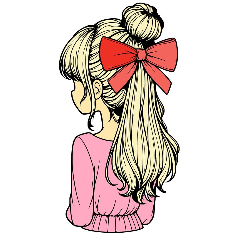 realistic girl  with hip length hair a bun and a big bow on the back of head