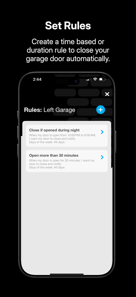 Aladdin Connect app interface showing customizable automation rules for closing a garage door automatically based on time or duration.