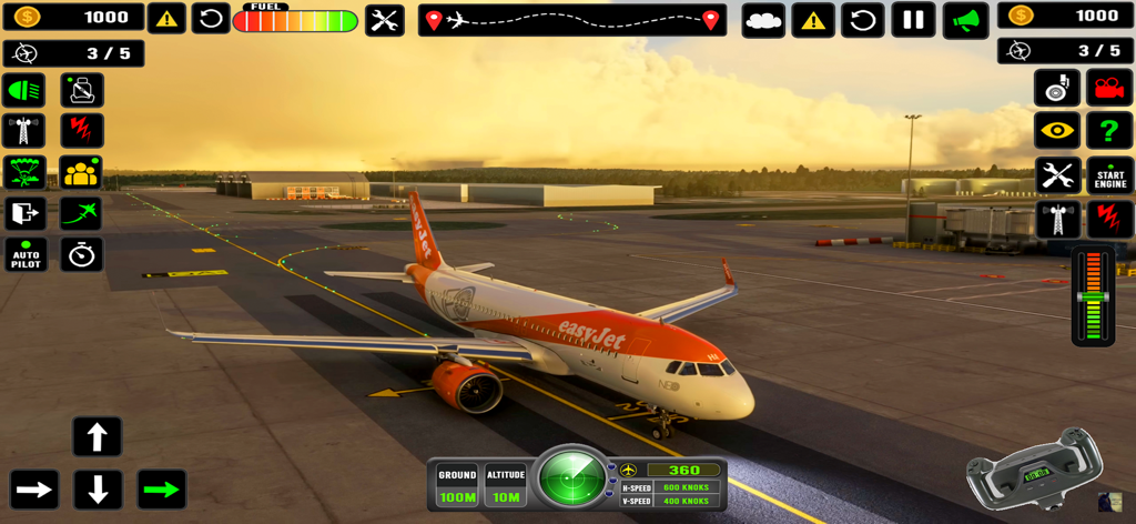 An orange and white airplane on an airport runway at sunset with mobile game flight controls