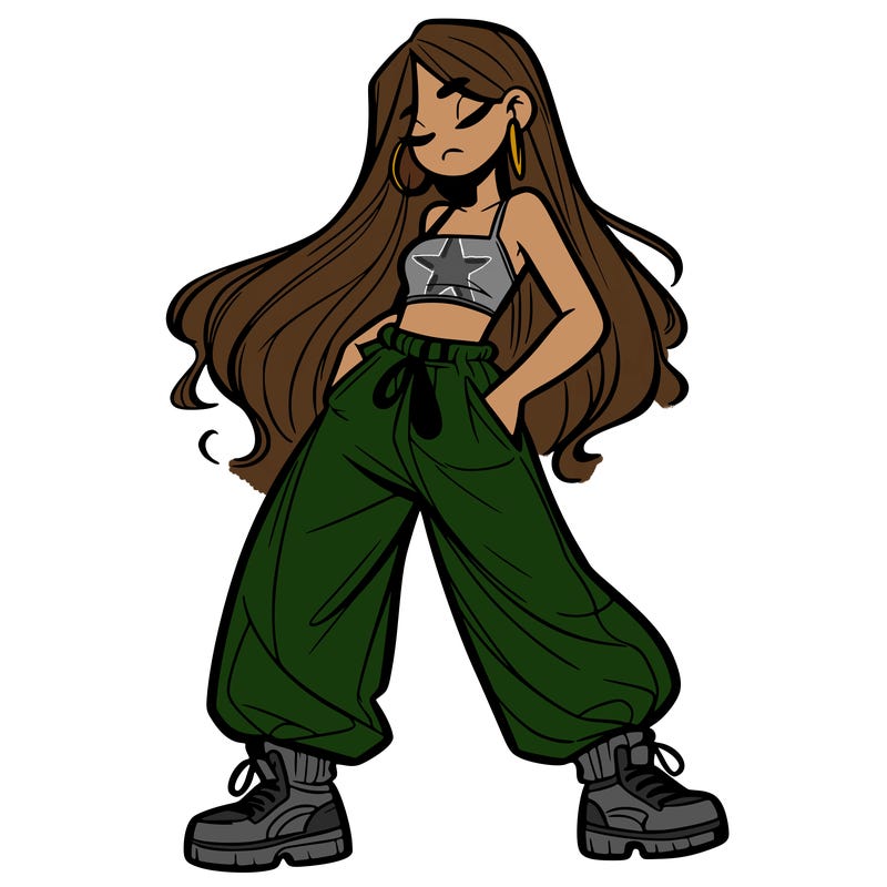 girl in baggy pants crop top and long hair