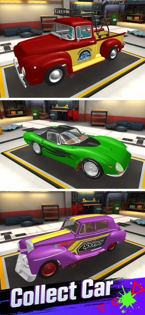 Royal Car Customs - Three customized vintage cars in a garage with the text Collect Car