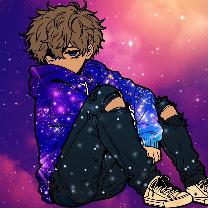 a male hoddie ripped jeans messy hair anime