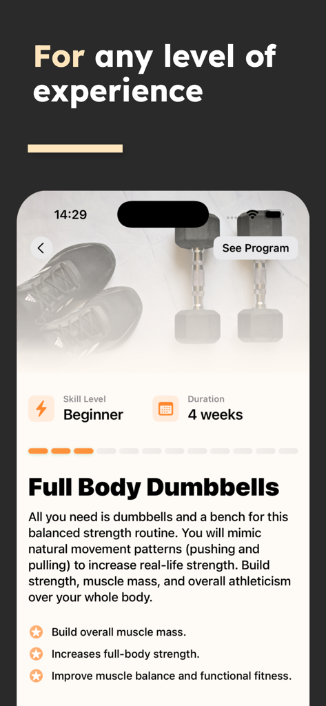 Strength Workouts - Training - App interface showing a beginner full body dumbbell workout program for strength training