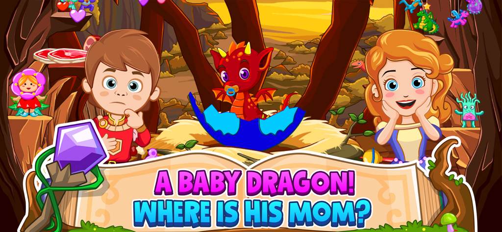 My Little Princess Wizard Game - Dos personajes infantiles mirando a un dragón bebé recién eclosionado en la cueva de un mago