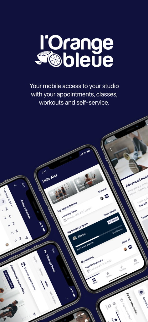 Mobile app interface of lOrange bleue gym featuring workout schedules and personal training programs on multiple iPhones
