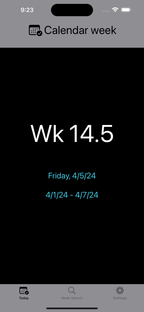 Interface of the Week Number Pro app showing the current week number and date range in a minimalist dark mode