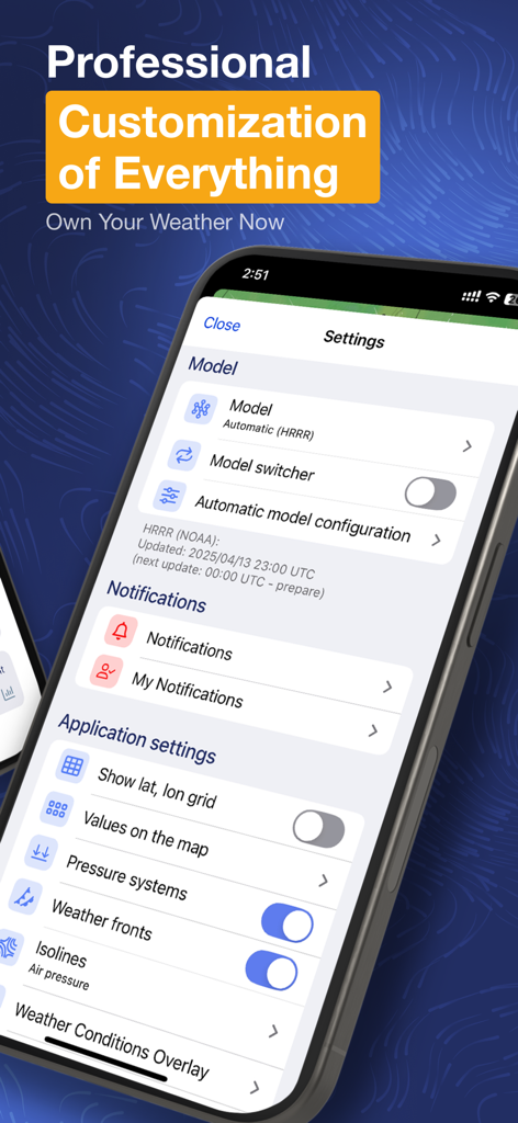 Ventusky app settings screen showing professional customization options for weather models and map layers.