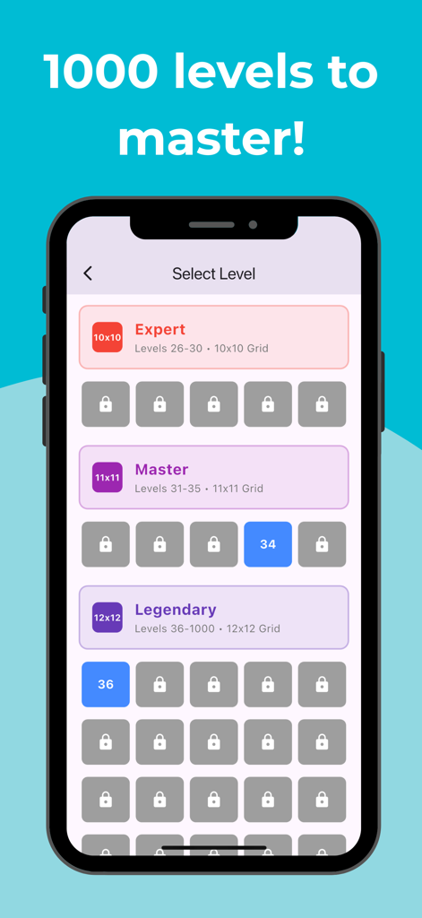Color Flood: Logic Puzzle - Level selection screen for Color Flood Logic Puzzle featuring expert master and legendary difficulty modes