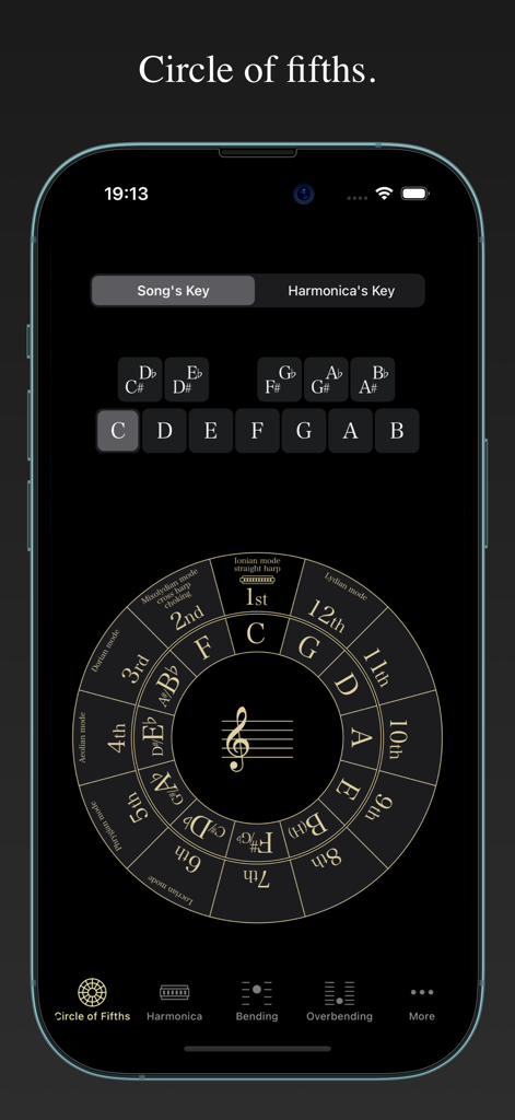 Harmonica Bending Trainer app interface showing the circle of fifths and musical key selection