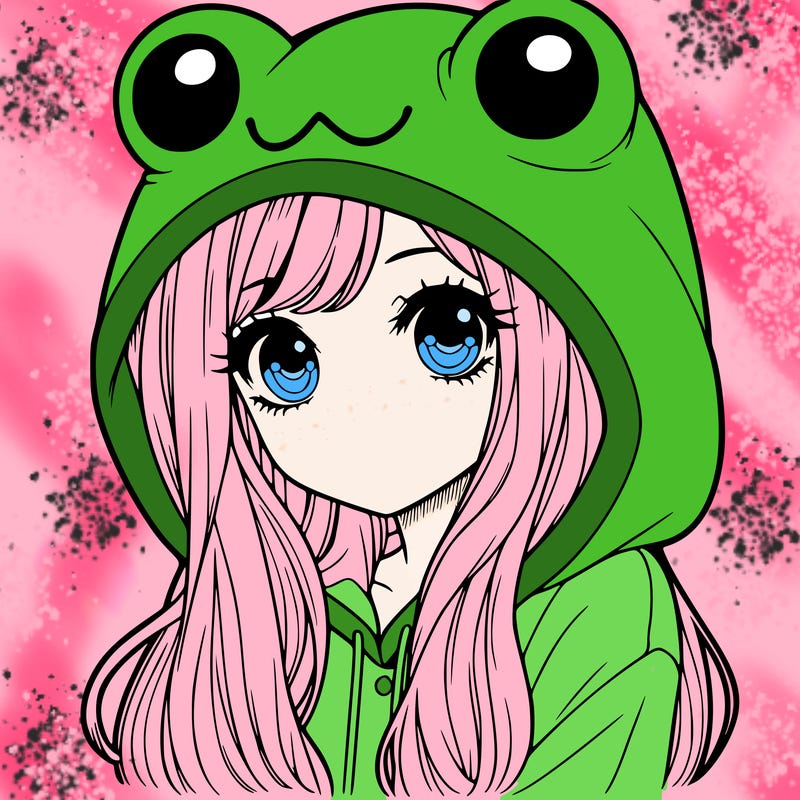 a pretty girl wearing a frog hoodie portrait with long hair