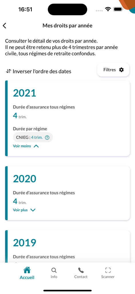 Mobile app screen showing retirement pension rights by year in the Mon compte retraite application