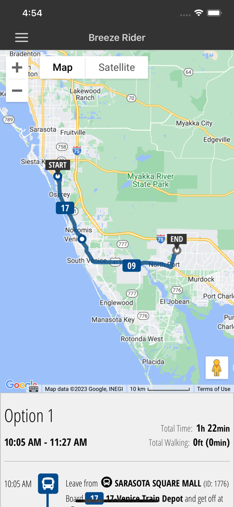 Breeze Rider - Breeze Rider app screenshot showing a transit route from Sarasota to North Port on a map